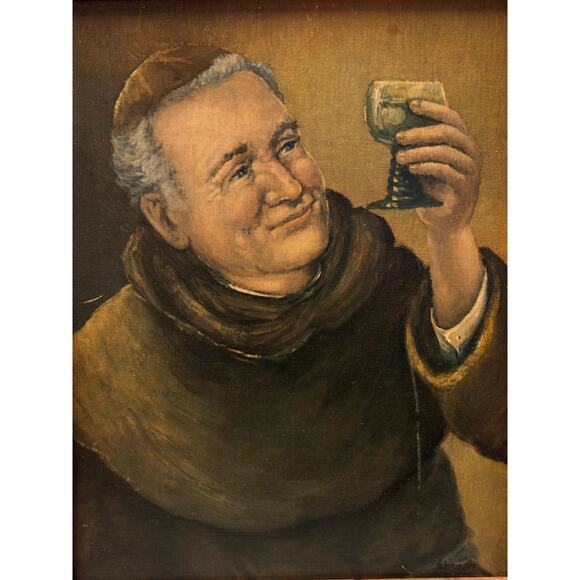 Vintage Monk Wine Art Rustic Wood Framed Painting - Picture 3 of 9